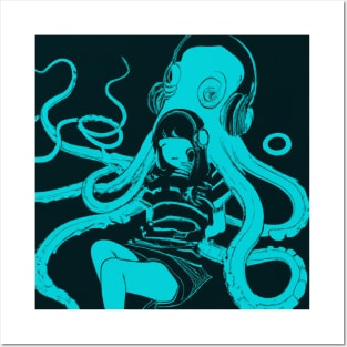 Girl and Octopus Relax with Headphones Posters and Art